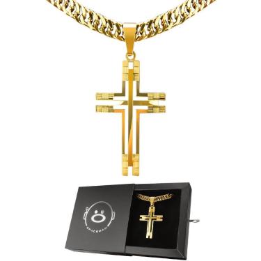 Imagem de Corrente Banhada Ouro Aço + Pingente Crucifixo Grande + Caixa Casual Qualidade Premium Dourado