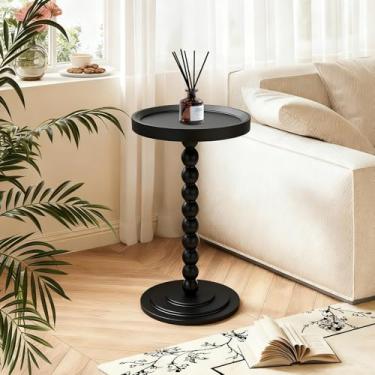 Imagem de ALSKHEAS Mesa lateral redonda pequena, mesas de bebida para espaços pequenos, mesa lateral de pedestal com perna de madeira maciça, mesa de canto moderna para sala de estar, mini mesa de centro