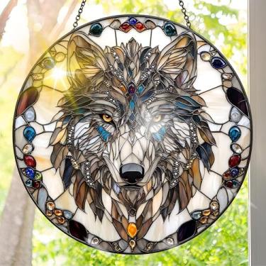 Imagem de Apanhador solar de acrílico colorido, decoração de janela suspensa de lobo com design de vitral impresso, apanhador de sol, arte de parede de arco-íris, ideia de presente e ornamento de jardim, uso