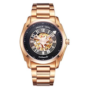 Imagem de Relógio masculino impermeável PRINCE GERA com esqueleto automático Aeroengine Série Gold Band Black Case