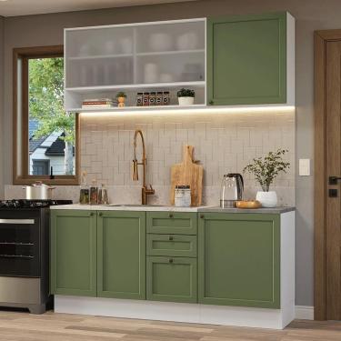 Imagem de Armário De Cozinha Compacta 180 Cm Branco-verde Vik Madesa 03 Branco-verde