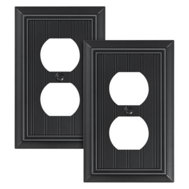 Imagem de Pacote com 2 placas clássicas para tomada frente e verso, placas decorativas pretas foscas, placas de parede de fibra de bambu natural para tomadas elétricas, 1 capa de receptáculo