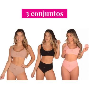 Imagem de Kit 3 Conjuntos (Sutiã Amamentação +Calcinha Cós Alto Pós Parto) Souti