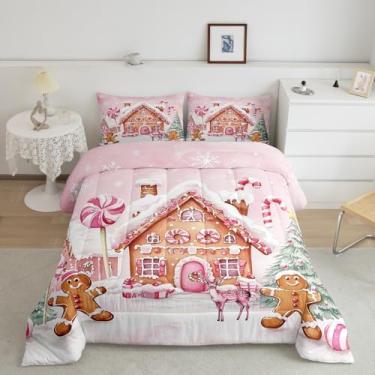 Imagem de Conjunto de edredom infantil casinha de gengibre, solteiro, homem de gengibre, árvore de Natal, veado, decoração de quarto de meninas e mulheres, edredom de floco de neve de Natal, enchimento de