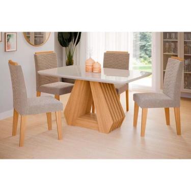 Imagem de Conjunto Mesa Sala Jantar ágata Com Tampo Madeirado Com Vidro 130x80cm E 4 Cadeiras Clarice Madeirado Linho Bege Cimol