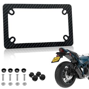 Imagem de Moldura de placa de licença de motocicleta de fibra de carbono - Suporte para quadriciclo para quadriciclo UTV Scooter, 4 furos de aço inoxidável à prova de ferrugem para motocicleta