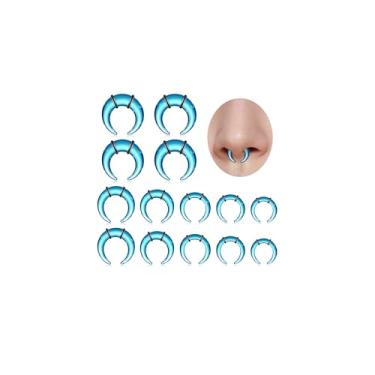 Imagem de Longbeauty Kit de alongamento de septo de vidro de 14 peças 14G-2G Conjunto de expansores de orelha em forma de C medidores cônicos ferraduras, conjunto de joias de piercing corporal, azul