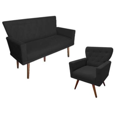 Imagem de Kit Namoradeira + 1 Poltrona Decorativa Aurora Suede Preto Pés Madeira