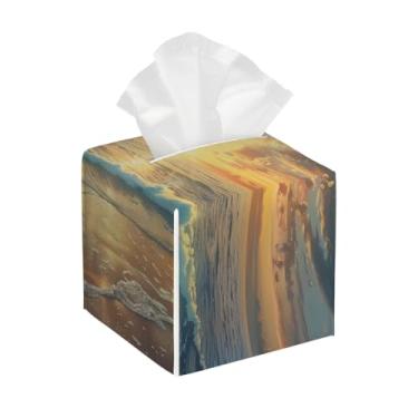 Imagem de Porta-lenços de couro quadrado à prova d'água praia onda mar facial organizador de papel com cinto inferior cubo estojo de lenços para mesa, banheiro, escritório, mesa, carro, decorativo