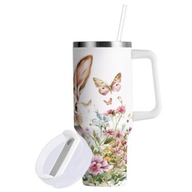 Imagem de Blueangle Copo de coelho da Páscoa de 850 g com alça e tampa de palha, copo isolado reutilizável de aço inoxidável garrafa de água caneca de viagem (345)