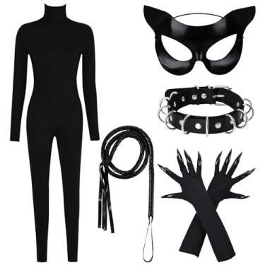 Imagem de JcHrmers Fantasia feminina de gato preto com máscara de chicote de gato preto, luvas gargantilha para cosplay de Halloween adulto, Preto, Large