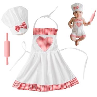 Imagem de SPOKKI Acessório para fotografia de bebê, chapéu de chef, avental, adereços para fotos, fantasia vem com 3 clipes de cabelo para fotografia (rosa, 3 peças)