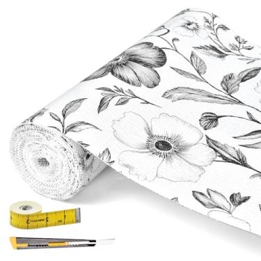 Imagem de Forro de gaveta e prateleira flores pretas 30,5 cm x 20 m, não adesivo, antiderrapante, camada dupla, PVC, reutilizável, espesso, impermeável, fácil de limpar, para armários de cozinha, geladeira