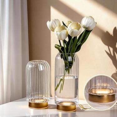 Imagem de Vaso de flores de LED com luzes, conjunto de 2 vasos de flores operados por bateria com temporizador, vaso soprado à mão moderno para iluminar rosas, tulipas, centros de mesa para casamento, presente