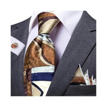 Imagem de Gravata Masculina Xadrez Marrom-Avermelhado, Abotoaduras E Lenço De Bo