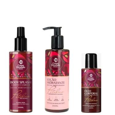 Imagem de Kit Pétalas Parfum Inspiration Corpo Dourado Body Splash, Loção Hidratante 250ml Cada e Óleo Corporal 120ml Floral Musk Perfume Feminino Intenso Hidratação Profunda Pele Macia Iluminada Alta Fixação