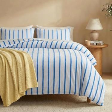 Imagem de Bedbay Conjunto de edredom de veludo, tamanho king, listrado, macio, quente, de veludo, fofo, 3 peças, estampa de listras azuis e brancas, conjunto de cama king size para todas as estações