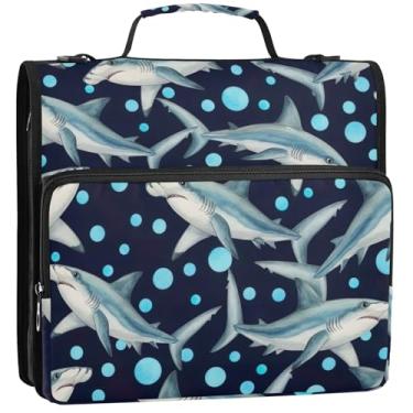 Imagem de Sharks Organizador de fichário azul marinho com zíper 3 argolas de 3 anéis bolsa resistente para fichários escolares com alça de ombro portfólio e estojo suporte para pasta de anel, 34,5 x 31,5 x 9 cm