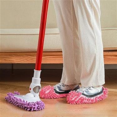 Imagem de Chinelos de esfregão laváveis à máquina, almofadas de microfibra removíveis reutilizáveis para pisos, materiais de limpeza de casa silenciosos antiderrapantes (rosa)