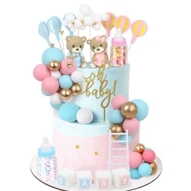 Imagem de Acmee 47 peças de topo de bolo de urso - mini urso 3D letras de bebê garrafa de leite azul rosa ouro bolas de espuma topos de bolo para decoração de bolo de festa de chá de bebê revelar gênero