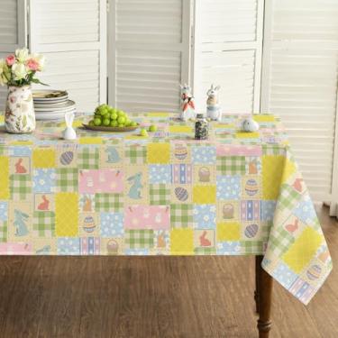 Imagem de Horaldaily Toalha de mesa retangular de Páscoa, 132 x 187 cm, estilo remendo, ovos, coelhinhos, flores, cesta, xadrez, lavável, sazonal, para decoração de festa, piquenique, jantar