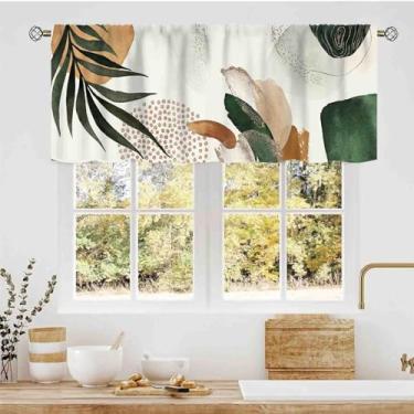 Imagem de Cortinas de saia modernas de meados do século, folhas de palmeira tropicais estéticas boêmias, abstratas, minimalistas, verde-sálvia, bolso para varão, pequenas cortinas de janela para cozinha, café