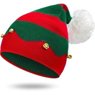 Imagem de Gorro tricotado de Natal – Gorro tricotado de elfo de Papai Noel com pompom para adolescentes adultos, Vermelho, M