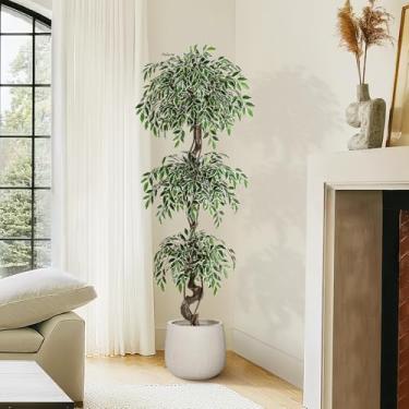 Imagem de GarveeHome Árvore de ficus artificial para decoração de interiores, árvore de piso falso de 1,8 m, vaso de cerâmica sintética branca, interior e exterior, árvore de ficus falsa realista com seixos e