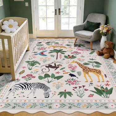 Imagem de U'Artlines Tapete de animais da selva para quarto, tapetes laváveis de 1,8 x 2,7 m, tapete antiderrapante, tapete macio com estampa de animais de pilha baixa para crianças, berçário, sala de aula