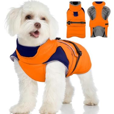 Imagem de MIGOHI Casaco de inverno impermeável para cães – Jaqueta grossa de lã para cães com tiras refletivas, suéter quente de inverno para cães pequenos, lavável na máquina, buldogue francês, M, laranja
