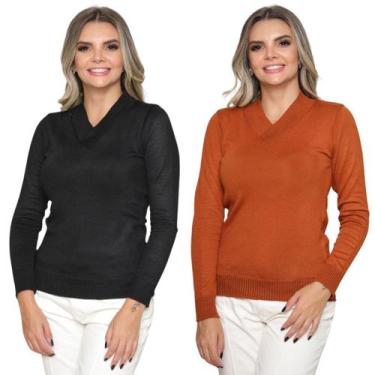 Imagem de Kit 2 Blusa Tricot Gola V Inverno Moda Casual - GIP, Ferrugem, Preto, 