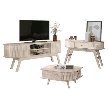 Imagem de Rack Bancada Valência E Aparador Estoril Com Mesa De Centro Indianápolis Calacata Off White - Madetec