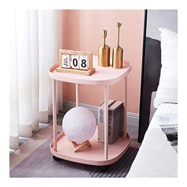 Imagem de Mesa de canto de 2 níveis, mesa lateral pequena, mesa de sofá, mesa de centro com prateleira aberta, mesa de cabeceira com bandeja para sala de estar (cor: verde) (rosa)