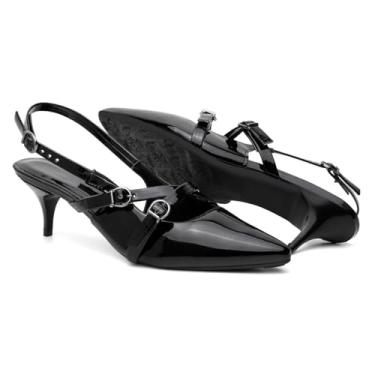 Imagem de Sapato Feminino Slingback Salto Baixo, Vermelho Vinho Envernizado, Bico Fino com Tiras Cruzadas e Fivelas Douradas (Preto, BR, Adulto, Numérico, 34)
