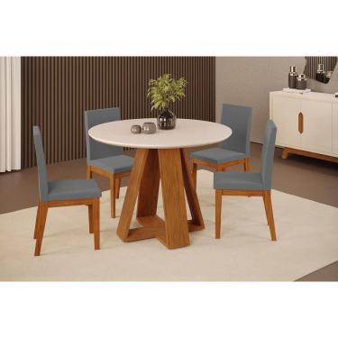 Imagem de Conjunto: Mesa Sala Jantar Celeste c/ Tampo Madeirado c/ Vidro Redondo 103x103cm e 4 Cadeiras Suzy Freijo/Off White - Suede Lunar - DJ Móveis