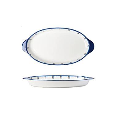 Imagem de Pratos de jantar de cerâmica oval chinesa para casa grande de porcelana com alça dupla de orelha pratos de jantar 36,8 cm prato de peixe longo para micro-ondas/lava-louças prato lateral (A)