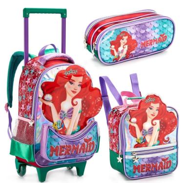 Imagem de Kit Mochila Rodinhas Lancheira Estojo Duplo Escolar Menina Infantil Ariel Sereia Denlex-Feminino