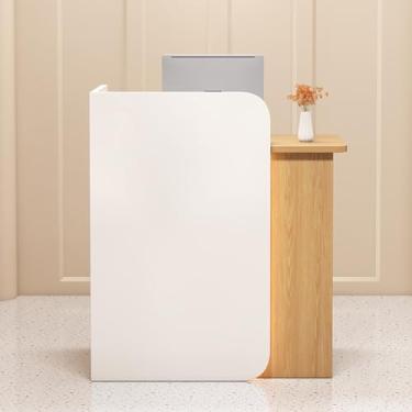 Imagem de Mesa de recepção moderna, balcão de caixa de varejo, mesa de recepção com luzes LED, balcão frontal com gaveta com trava, para supermercado, loja de conveniência, hotel, lobby e escritório (branco +