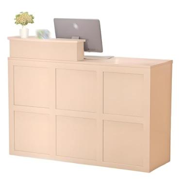 Imagem de Mesa de recepção moderna com gaveta trancável e grande armazenamento - Balcão de varejo para salão de compras ou escritório - Recepção com ilhós de cabo - Bege - 80 cm/31,4 pol