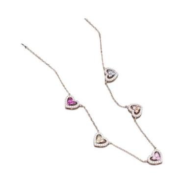 Imagem de Colar Ajustável Feminino Em Prata Esterlina S925 Com 5 Corações E Zirc