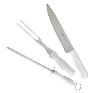 Imagem de Kit de Facas 3 Peças Faca do Chef Garfo e Chaira Cabo Branco