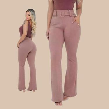 Imagem de Calça Flare Feminina Cintura Alta Social Jacquard Linho Com Elastano E