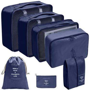 Imagem de Kit de Organizadores de Mala 7 Peças OEM Necessaire de Viagem em Nylon Azul Marinho Unissex