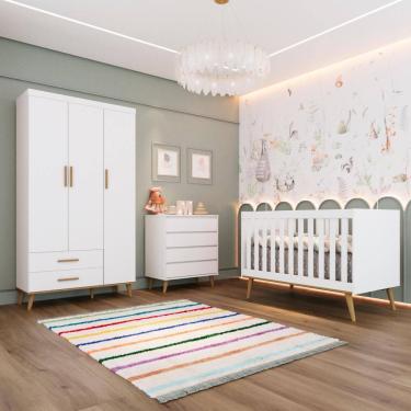 Imagem de Quarto Bebê Completo Retrô Ludmila Berço Americano 3 em 1 Cômoda 4 Gavetas Guarda Roupa 100% MDF Branco Carolina Baby