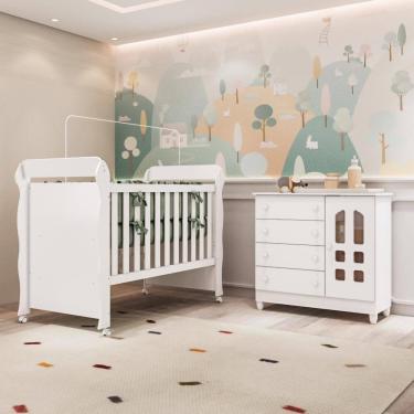 Imagem de Quarto Bebê Berço Americano 3 em 1 Mirelle Cômoda Infantil Fraldário Selena 100% MDF Branco Carolina Baby