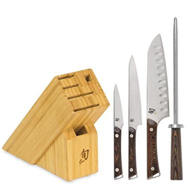 Imagem de Shun Conjunto de blocos de 5 peças Kanso, inclui descascamento de 9 cm, Santoku de 18 cm, facas utilitárias de 15 cm e mais, conjunto de facas japonesas artesanais, lâminas de aço inoxidável AUS10A,