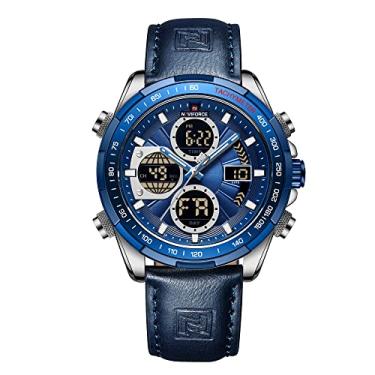 Imagem de NAVIFORCE Relógio de pulso masculino militar digital analógico de quartzo à prova d'água esportivo multifuncional de couro, Prata + azul, Digital