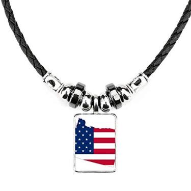 Imagem de DIYthinker Colar Oregon USA Mapa Estrelas Listras Bandeira Colar Joias Torque Pingente de Corda de Couro