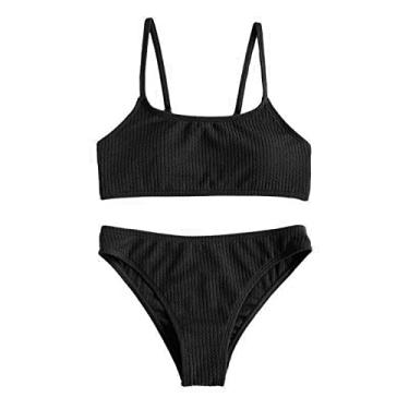 Imagem de Conjunto de biquíni esportivo de duas peças para meninas de cintura alta roupa de banho verão praia Rash Guard roupa de banho infantil menina (preto, 10-11 anos)