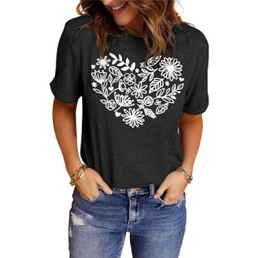 Imagem de Camiseta feminina com estampa floral floral floral de manga curta e flores silvestres, Cinza-escuro, XXG